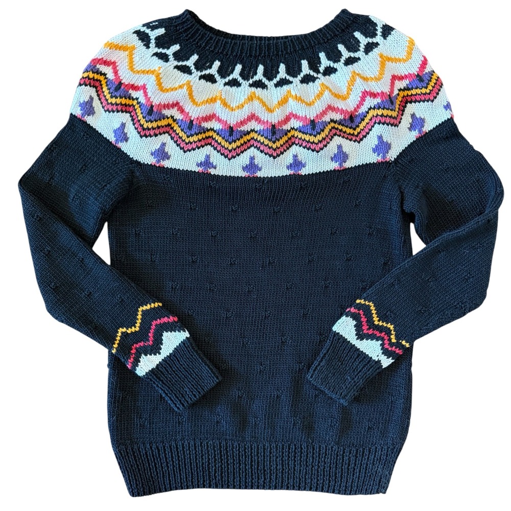 Brenton Heavyweight Pima Cotton Fair Isle Sweater Peru Handmade Black Sz S/XS